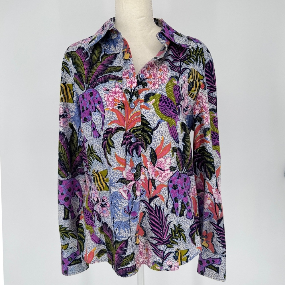 Vintage Carlisle Button Up Shirt Womens 10 Cotton Tropical Jungle Elephant Boho
